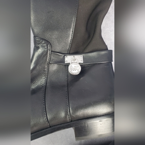 MK Leather Tall Boots Ankle Strap Silver Padlock Medallion Side Zip Riding 8.5M - Picture 6 of 13